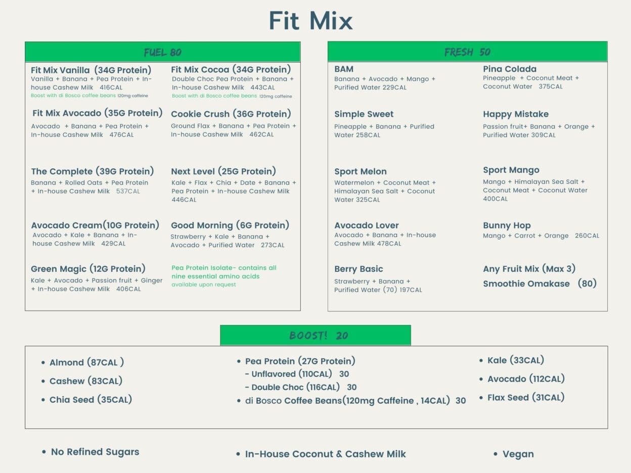 Fit Mix Smoothies English Menu- Protein Shakes, Fruit Smoothies, Nutritious Juice Bar